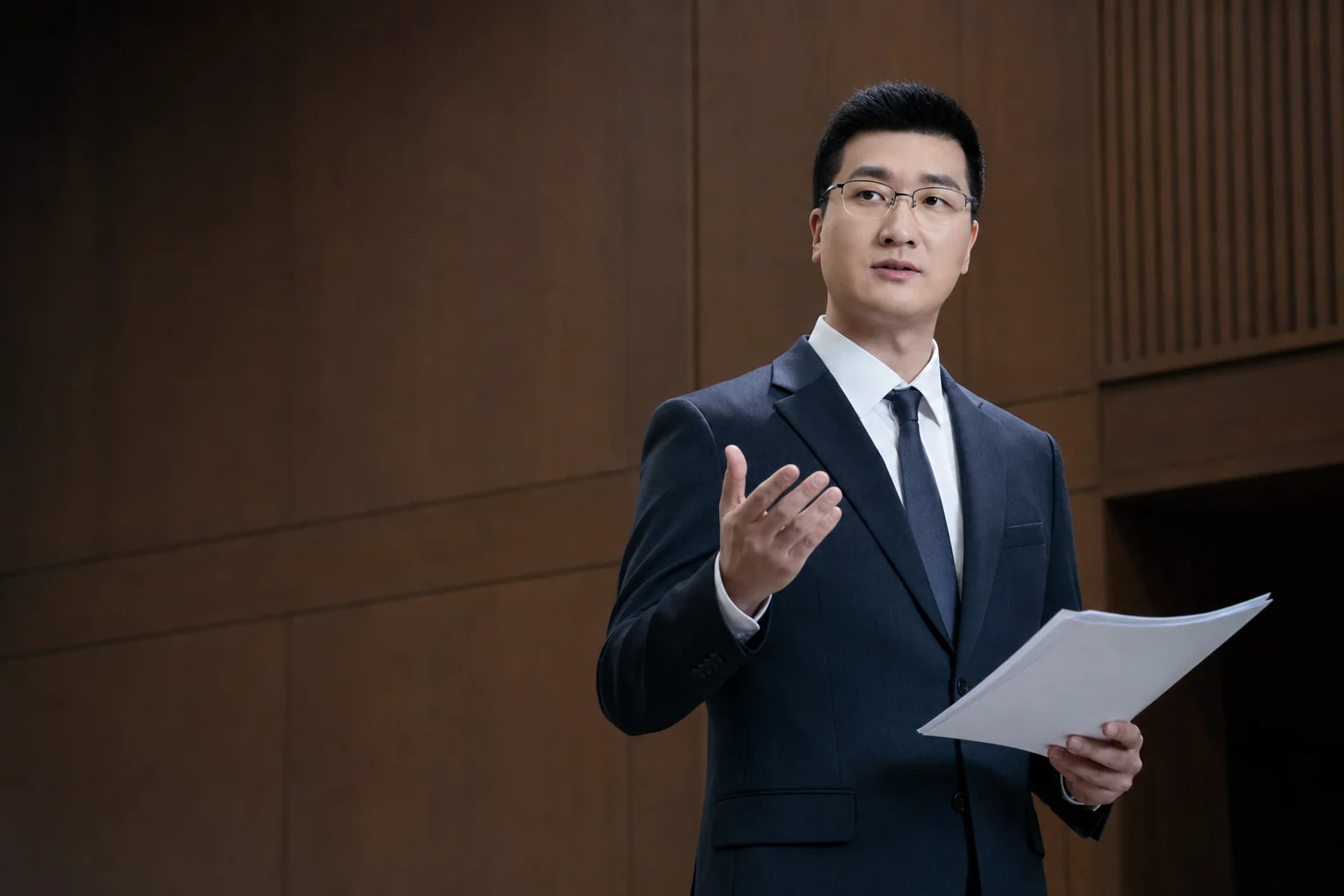 한국 재판정에서 서류를 들고 변론하는 박기웅 대표변호사